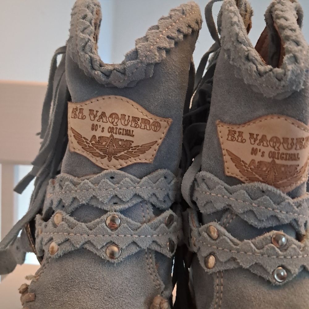 El Vaquero Boots Women's 37 7 Blue Suede Fringe Arya Silverstone Sky Wedge - Picture 4 of 10